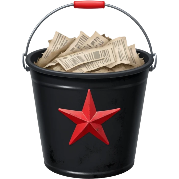 black bucket no handle, shredded paper inside, red texas on front emoji