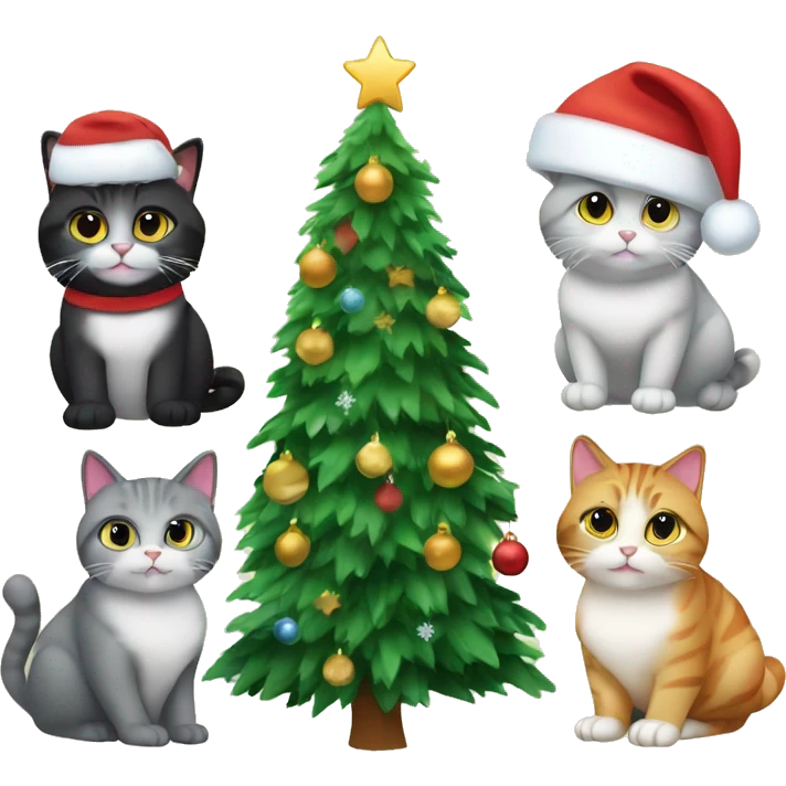 Four different cats sitting under a Christmas tree  emoji