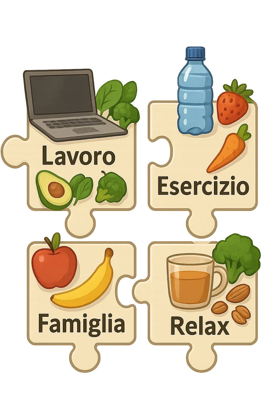Puzzle (Lavoro, Esercizio, Famiglia, Relax), and healthy foods are integrated into each piece. in italiano emoji