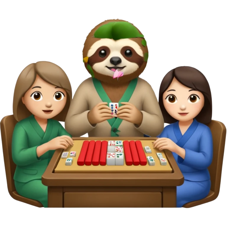 A sloth playing mahjong with two Chinese people emoji