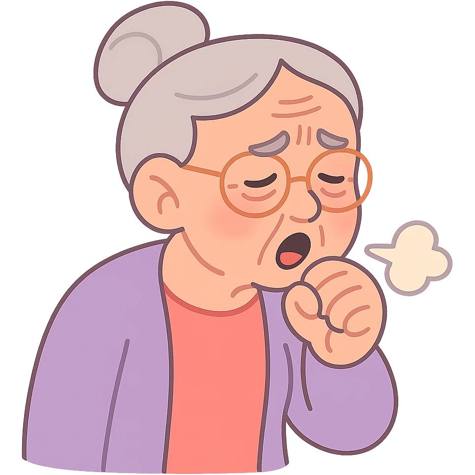 Elderly woman, visible eye bags, coughing, gentle pastel toon style emoji
