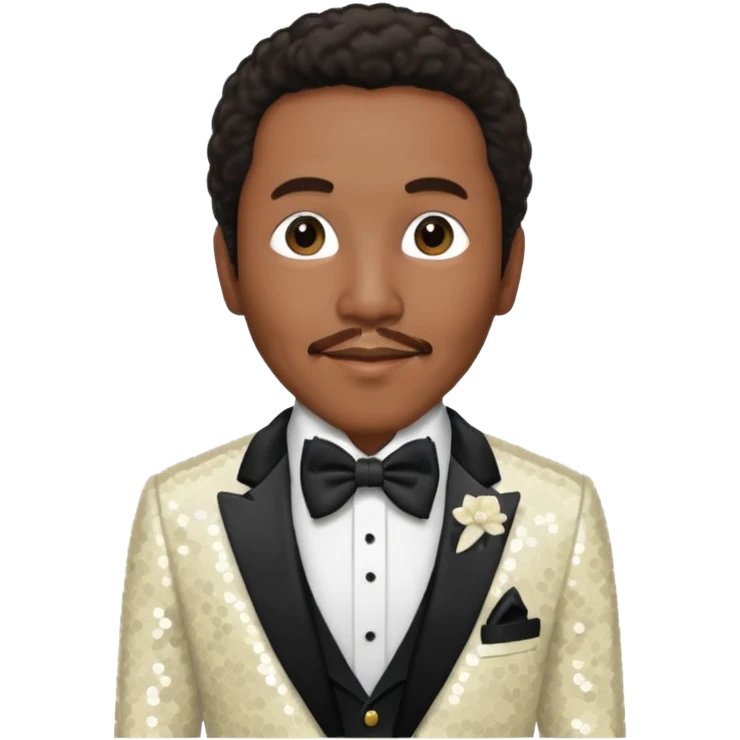 Smokey Robinson with long dark brown hair and short mustache, ivory sequin suit with bow tie  emoji