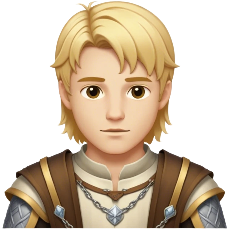Medieval summer outfit worn by a DnD themed fantasy male character. Character has golden blonde hair cut in an even, symmetrical style that falls precisely to the jawline, with a perfectly centered part and identical lengths on both sides. emoji