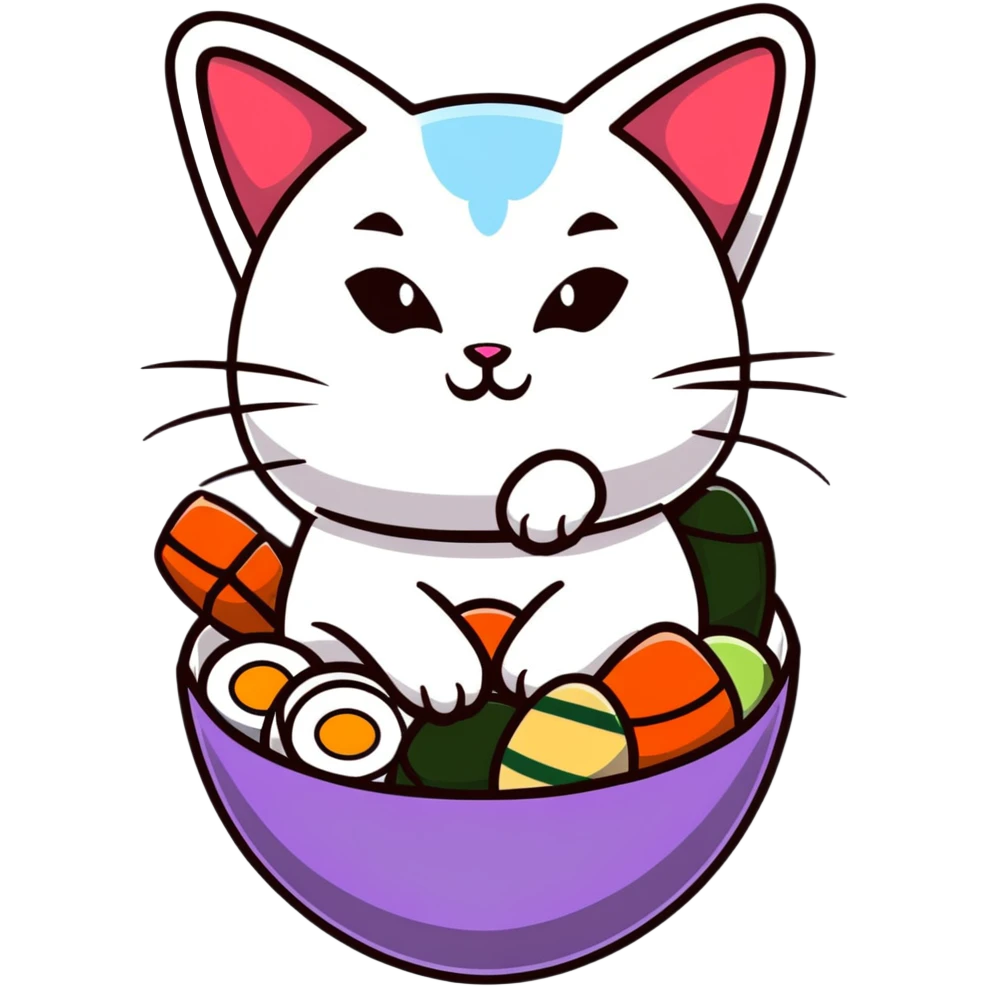 cat sitting in a decorated Easter egg made of sushi, colorful Easter patterns on the sushi egg emoji