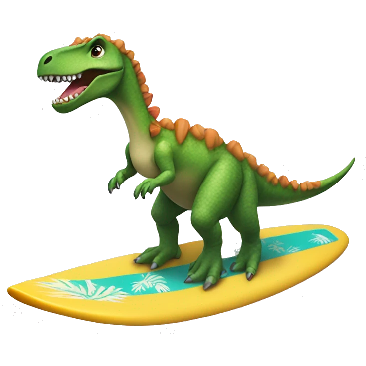 Dinosaur riding a surfboard with a Lei around its neck emoji