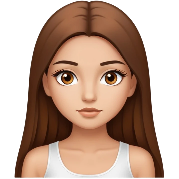 beautiful girl, long straight brown hair, brown eyes with lashes, wearing a white crop top, tan skin emoji
