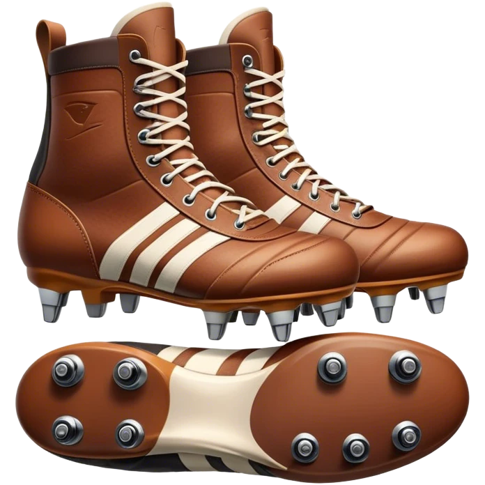 Cinematic Realistic image of a pair of rugby boots, showcasing sturdy leather construction, detailed cleat patterns and textured surfaces, illuminated by vibrant outdoor lighting that captures their athletic purpose emoji