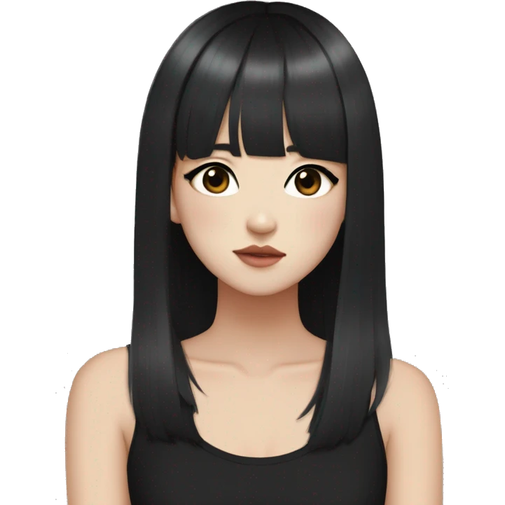 Korean girl, black tank top, black hair, black eyes, layered hair, cool girl, aesthetic, long hair, hime cut, blunt bangs, small silver hoop earrings emoji