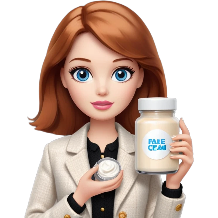 A Barbie girl with blue eyes, shoulder-length reddish-brown hair, made-up, in a white tweed jacket and black skirt, holding a jar of pale beige face cream emoji