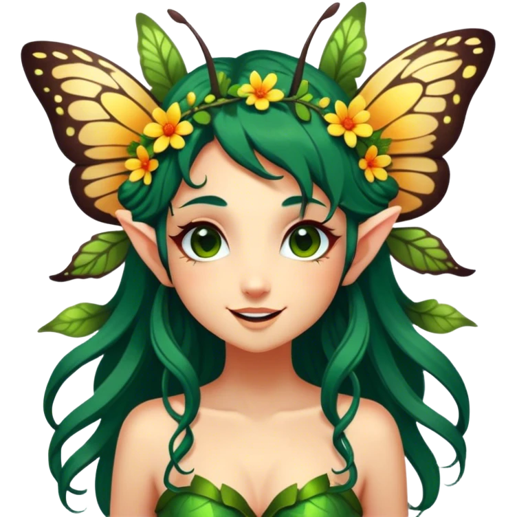 Cinematic Realistic Forest Nymph Fairy Portrait, head tilted dramatically with an exaggeratedly amused expression, featuring a striking, nature-infused form with glowing, sun-kissed tanned skin and vividly detailed dark green hair adorned with floral accents. Her expressive eyes brim with playful forest mischief, rendered with vibrant, lifelike textures and dynamic dappled lighting that conveys a spirited, over‐the‐top woodland whimsy showing her large butterfly wings from her back. emoji