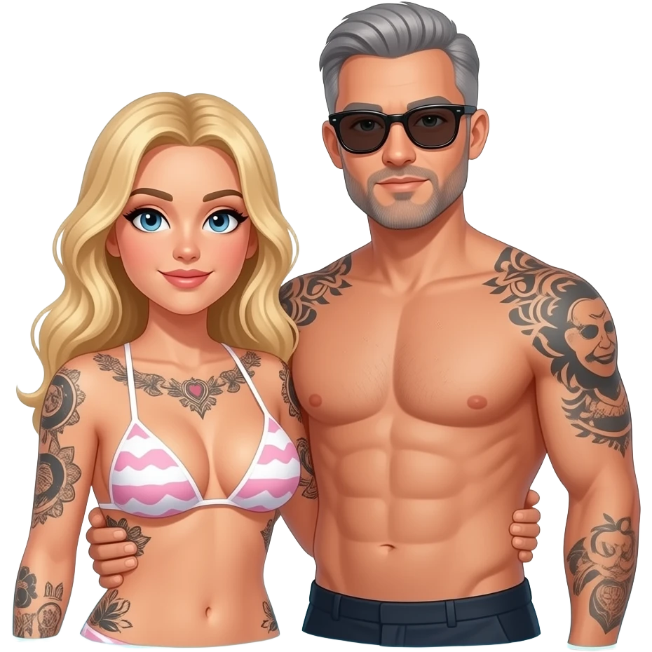 Completely Naked skinny-dipping couple in a pool. Woman has blonde hair, large breasts with light pink nipples, blonde hair and many tatoos. Man is very tall, bald, salt and pepper short-trimmed beard, wearing sunglasses with tattoos on both shoulders emoji