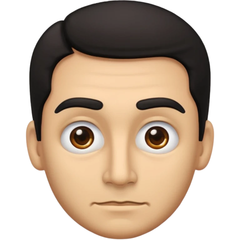emoji a medio cuerpo hasta la cintura, hombros anchos, de un hombre, con cejas gruesas inclinadas hacia abajo, nariz medio grande, hombros anchos, sin sonrisa, hombros anchos, cabello medio ondulado con un corte juvenil, cabello negro. ojos negros. emoji