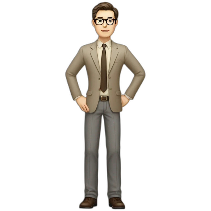 Full height Gesticulating Pale skinned fit man with dark brown hair in gray jacket, beige office shirt, brown tie, brown pants and vintage glasses. emoji