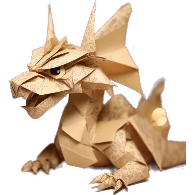 Sparkling patterned Beige Origami dragon with a dried flower crown made of newspapers intricate patterns surrounded by fairy lights emoji