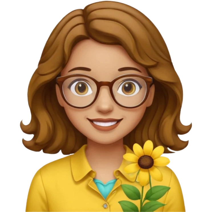 girl with a yellow blouse with flowers, with hair in waves with glasses smiling emoji