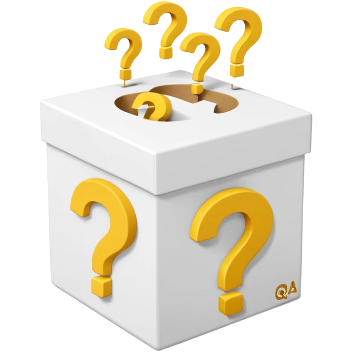 white cube shaped box printed with "q&a" over stuffed with yellow question marks emoji
