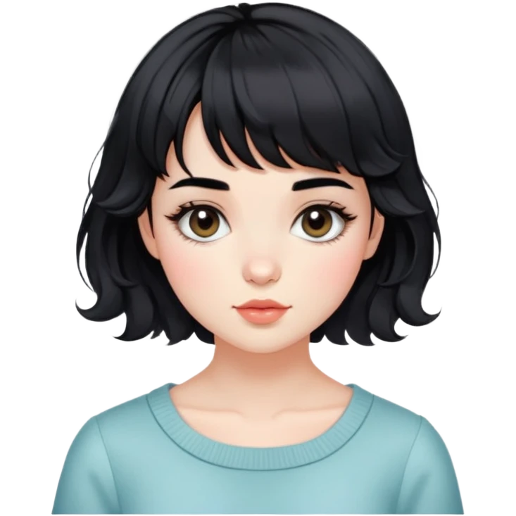 Gorgeous french woman short french haircut tousled wavy hair short straight across baby bangs black hair Amelie Beautiful Blushing Petite Girl with beautiful hair aesthetic emoji