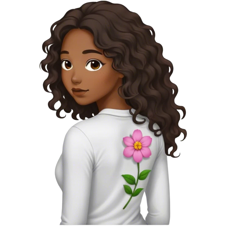 27 years old woman black long waivy hair dress in  back long sleeve shirt with tiny detailed with flower emoji
