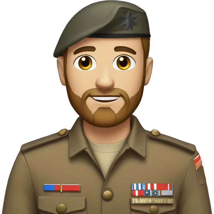 Blue eyed man, brown hair, beard, dressed in soldier uniform  emoji
