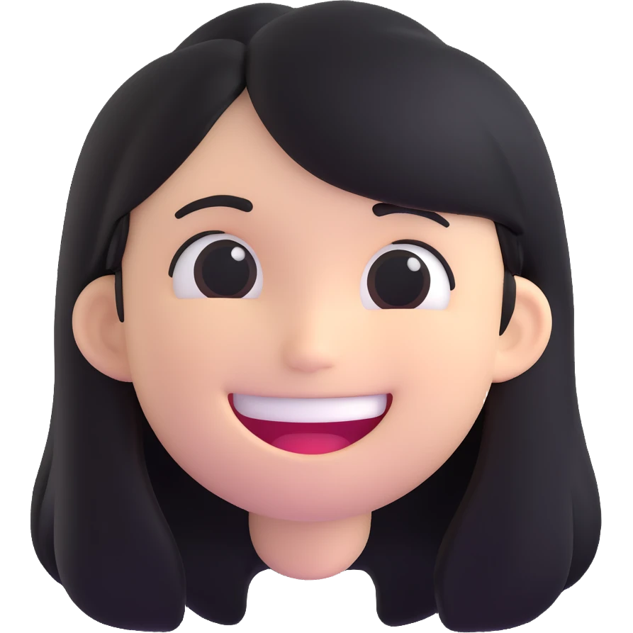 scary white emoji with a wide smile and long black hair, unsettling expression, horror style emoji
