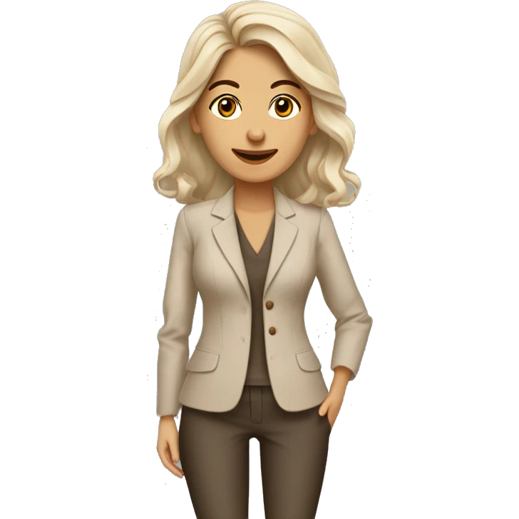 Arquitecto mujer tez blanca, cabello rizado café vestida con un traje sastre beige y mocasines contemporáneos  emoji