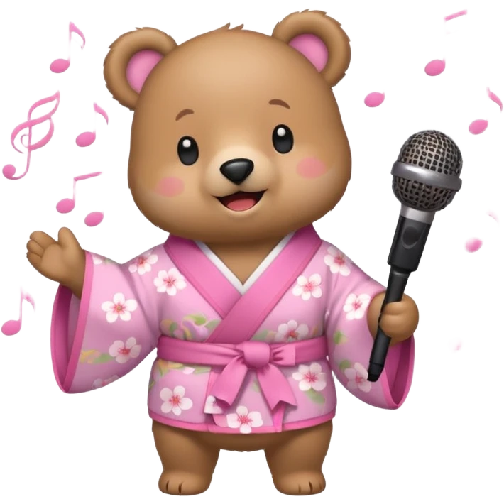 A cute light-brown bear wearing a pastel pink sakura-patterned kimono, normal balanced body ratio.  
Holding a microphone and singing happily, music notes floating around and a bright joyful smile.  
Kawaii emoji style, minimalistic clean sticker illustration, white background. emoji