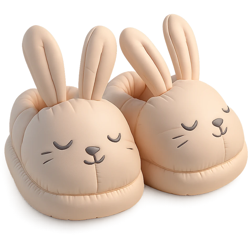 pair of bunny slippers with floppy ears and embroidered eyes, cozy and rounded, pastel palette, cushion style emoji
