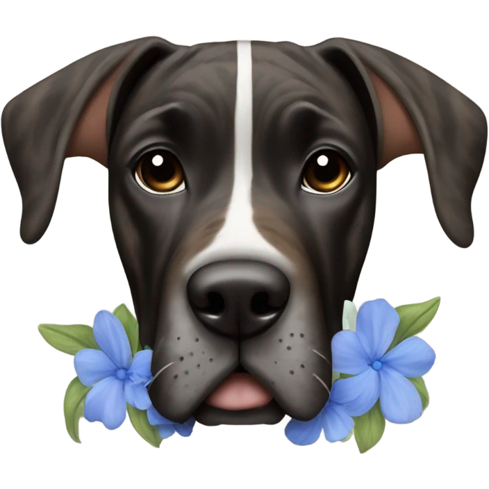 Brindle black and brown striped Great Dane with blue blossoms emoji
