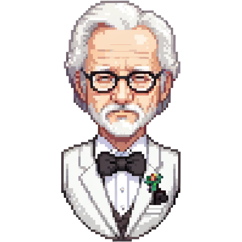 Colonel Sanders KFC, old man with white hair, white goatee, black bow tie, white suit, glasses emoji