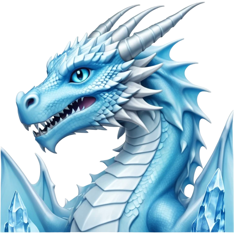Cinematic Noble wise elegant Ice Dragon full body  Emoji, Poised and imposing, distinct long elegant snout, with a slender, scaled body shimmering in glacial hues of icy blue, frostbitten silver, and crystalline white, breathing out frost, with piercing, glowing ice blue white eyes that radiate the chilling depths of an arctic storm; rendered in detail. excuding wisdom emoji