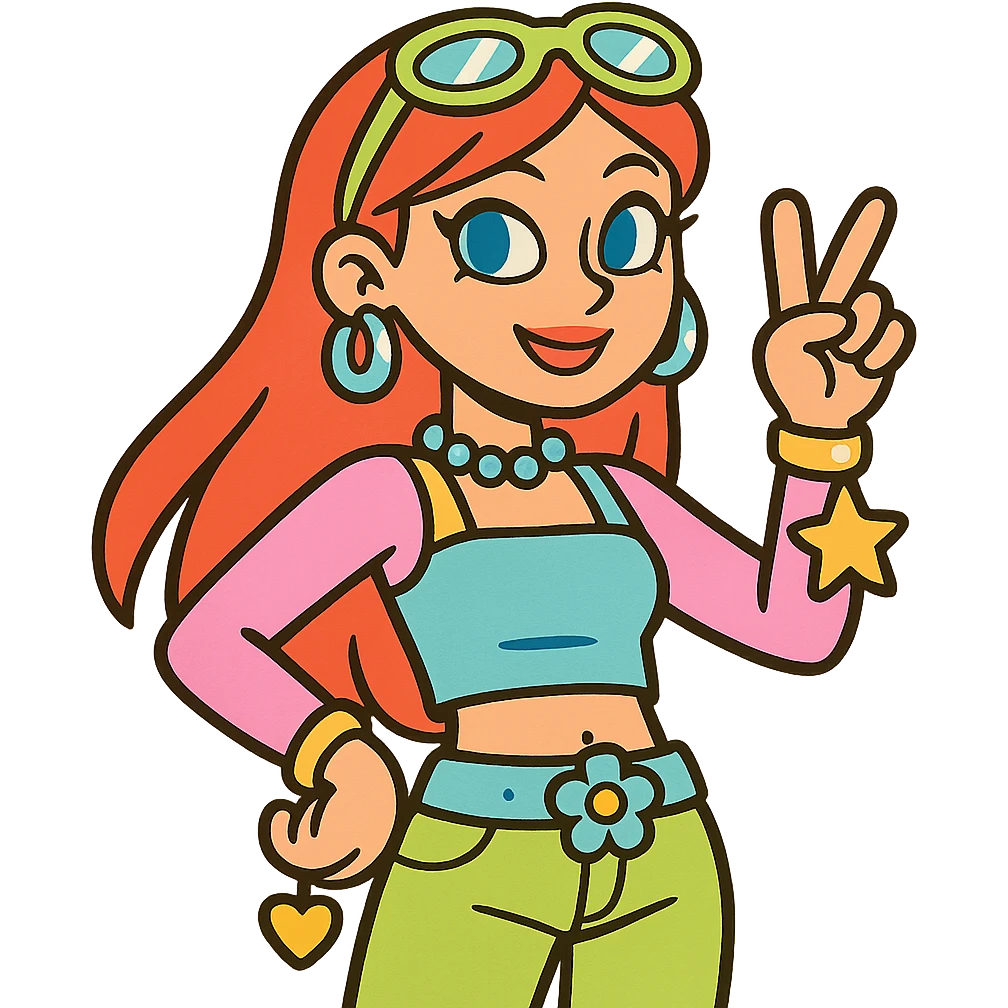 Y2K style girl with red hair, shiny accessories, pastel colors emoji