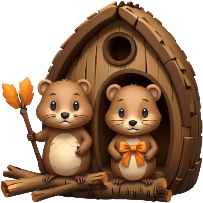 a beaver couple, one a female with a bow on her head in a beaver home made of sticks and logs emoji