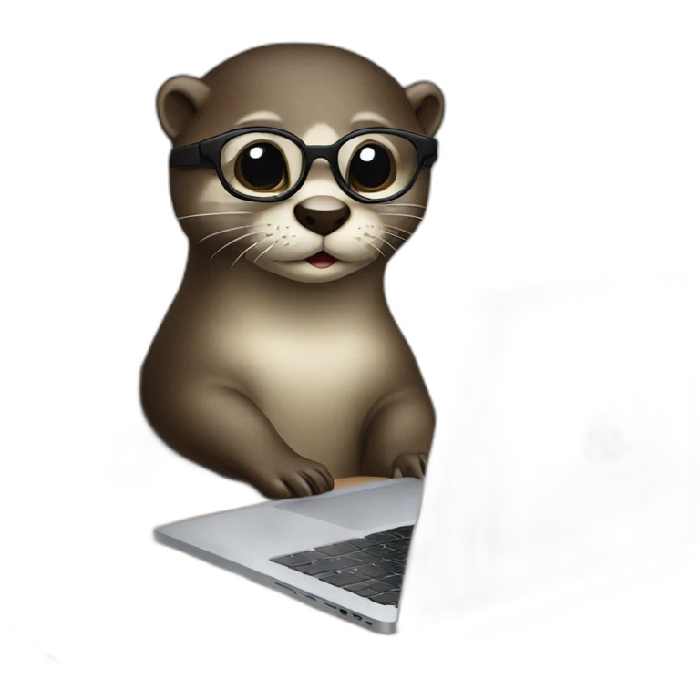 female otter with glasses use a macbook while seated against a pillow emoji