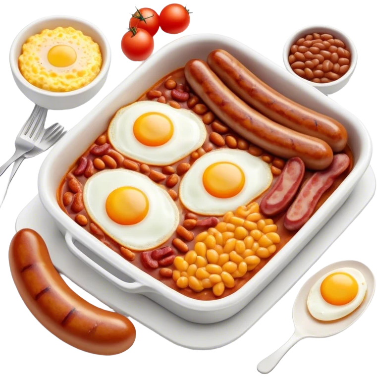 Cinematic Realistic English Breakfast Dish Emoji, showcasing a hearty ensemble of eggs, bacon, sausages, baked beans, and grilled tomatoes rendered with lifelike texture and vibrant, appetizing detail that exudes comforting tradition. emoji