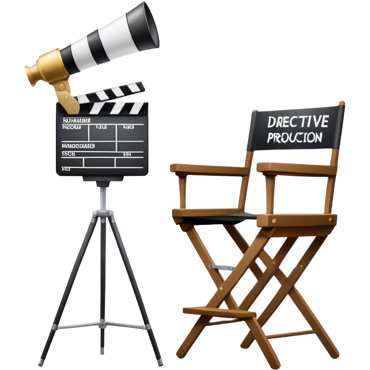 Icon for Directing: a director's chair, a film slate, a megaphone, and a stage set with lights. The icon should represent the creative and leadership aspects of directing, with focus on film and theater production. Transparent background. emoji