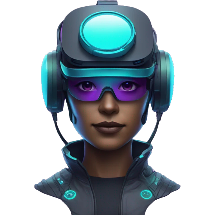Secret human agent in a futuristic hat with in Apple VR google headset , cyberpunk, cyan and purple colors, only upper body portrait, front facing the camera  emoji