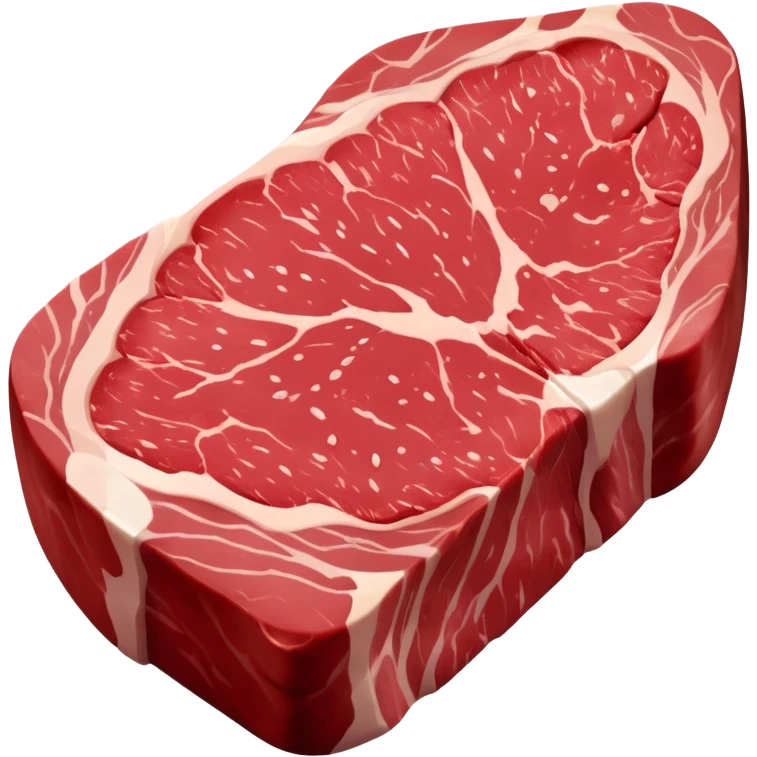 A raw steak with a deep red, fresh color and visible marbling of white fat. The surface is moist and smooth, slightly glossy, with natural muscle texture. The shape is thick and rounded, resembling a fresh cut of beef ready to be cooked emoji
