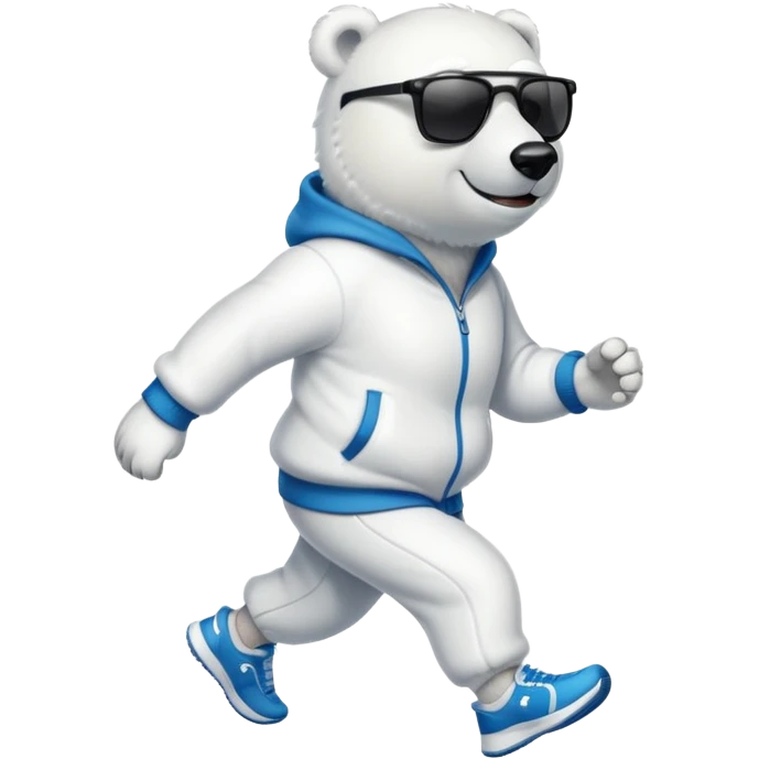 friendly anthropomorphised polar bear jogging upright wearing a tracksuit and sneakers, dark sunglasses emoji