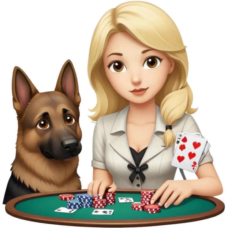 Blonde girl playing black jack with German shepherd  emoji