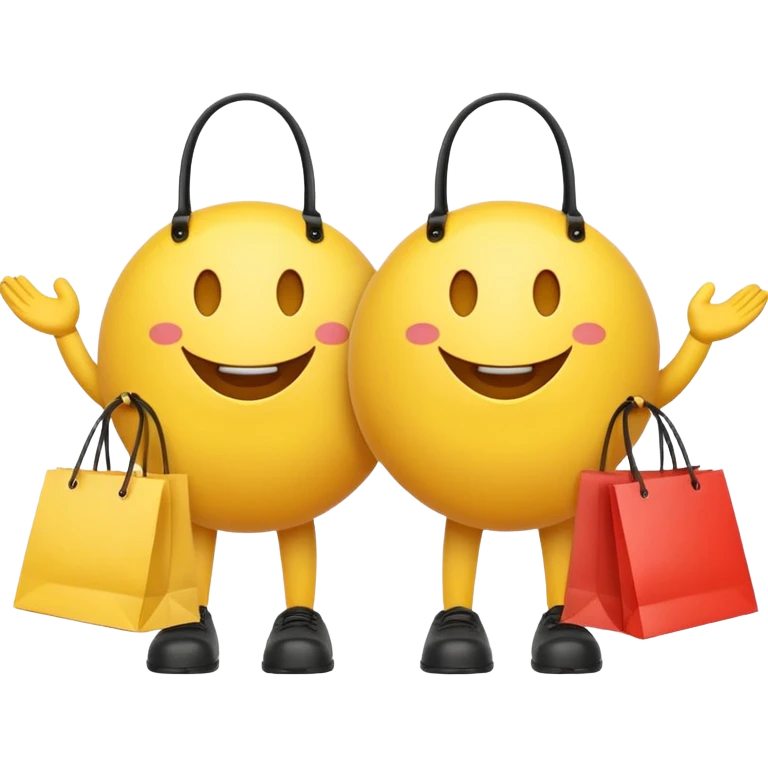 2 HAPPY SMILEY FACE EMOJI WITH HANDS AND FEET WITH SHOPPING BAGS IN EACH HAND emoji
