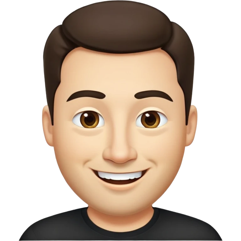 Fuller-figured businessman with light brown complexion, pear-shaped face with wider jawline, very friendly open expression, laughing smile, kind approachable eyes, thick eyebrows, wide nose, short neat beard, short dark hair, wearing a black shirt emoji