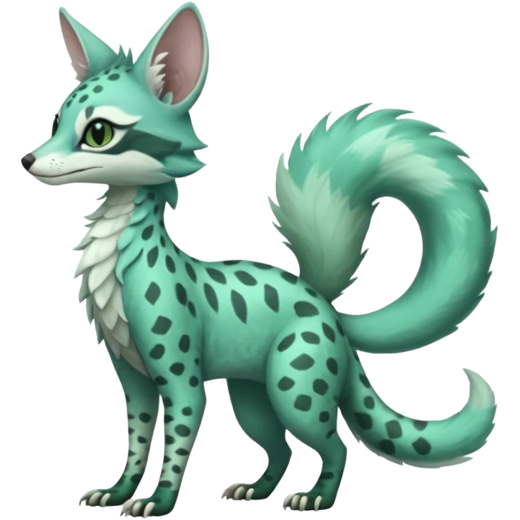Feral Rare Fantasy minty-cyan pastel-seafoam-green Hunter-forest-green  Vernid-Sergal-Genet-Trico-species by LiLaiRa, random markings, tufted tail, tufted ears, full body emoji