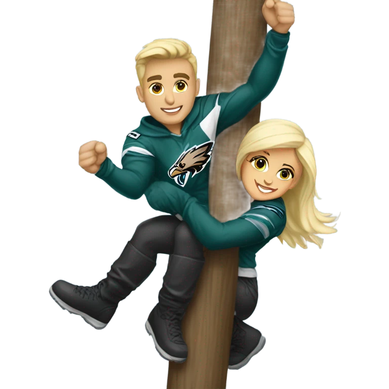 Brunette female and blonde male who are both eagles fan climbing up a pole emoji