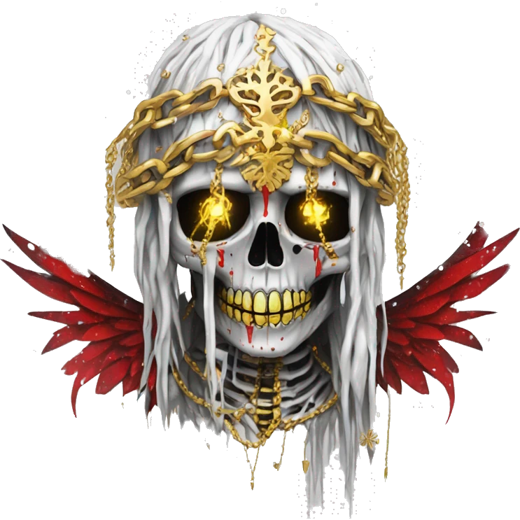 White skeleton zombie person covered in golden chains and black graffiti scribbles and red and silver doodles wings made of neon lightning snowing snowflakes crown made of snowflakes  emoji