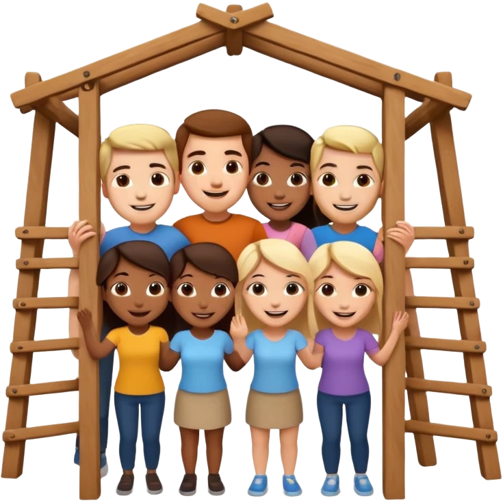 friends assembling a structure, cheerful expressions emoji