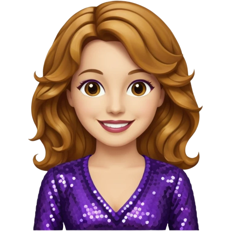 Lee Purcell with medium golden brown wavy hair, dark purple sequin outfit emoji