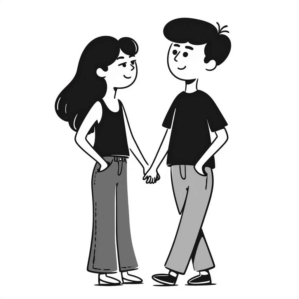 A girl with long brown hair holding the hand of a boy with short black hair, she wearing a black tank top with flared blue jeans, he wearing a black t-shirt with grey jeans, couple in love emoji