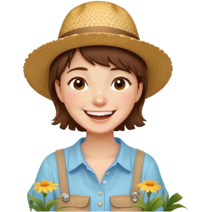 A girl with short hair, wearing a straw hat decorated with wildflowers, and a light blue shirt, laughing brightly. emoji