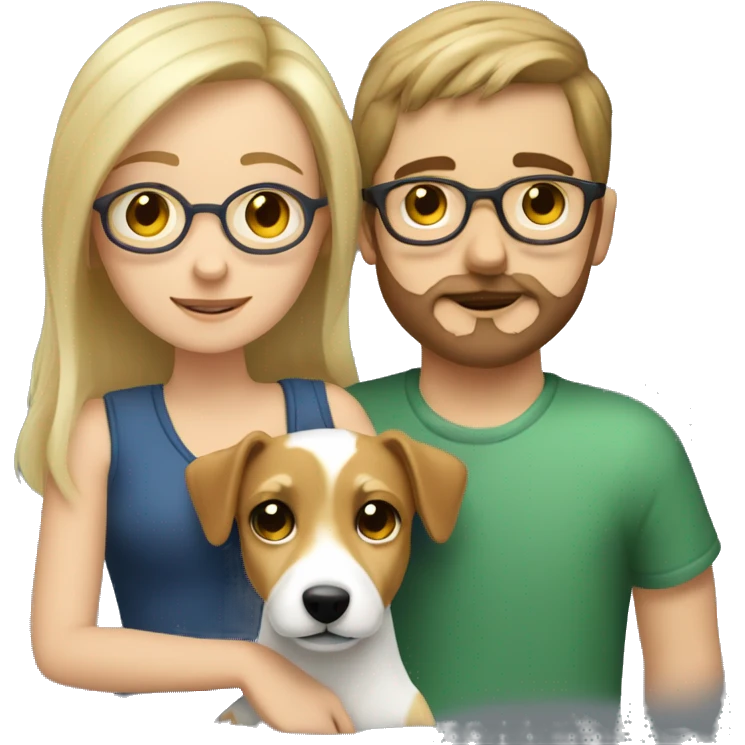  blonde girl without glasses and a white boy with brown hair and glasses, a little Beard and moustache, both cuddling a jack Russell emoji