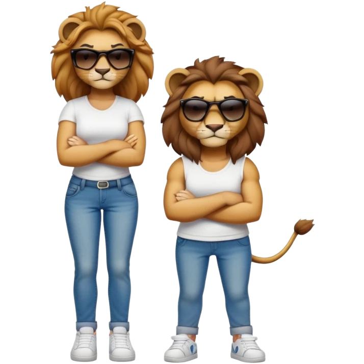 female lion character, full body, standing with arms crossed, wearing jeans, white t-shirt, trainers, dark sunglasses, strong and determined look emoji